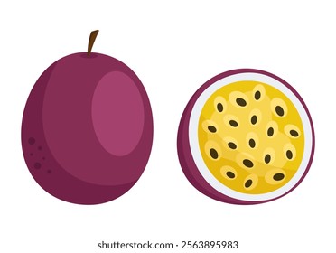 Fresh passion fruit whole and slice in flat style. Vector illustration on a white background.