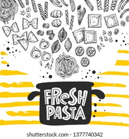 Fresh pasta card design. Hand drawn doodle vector illustration. Capellini, fusilli, gnocchi, spaghetti. Can be used for menu, cafe, restaurant, bar, shop, food studio, sticker, logo, sticker