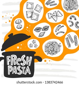 Fresh pasta card design. Hand drawn doodle vector illustration. Capellini, fusilli, gnocchi, spaghetti. Can be used for menu, cafe, restaurant, bar, shop, food studio, sticker, logo, sticker