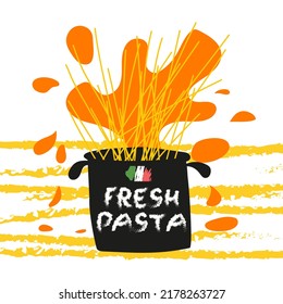 Diseño de pasta fresca. Composición cuadrada. Ilustración vectorial dibujada a mano. Se puede usar para insignias, etiquetas, logo, festival callejero, mercado de agricultores, feria de campo, tienda, panadería, café.
