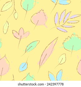 Fresh pastel colored leaves on yellow grunge seamless pattern, vector