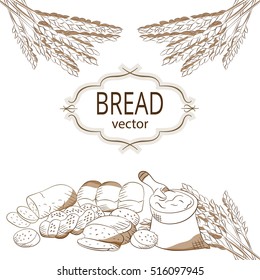  Fresh pastries from the bakery. Bread background. Wheat, flour and bread on a white background.