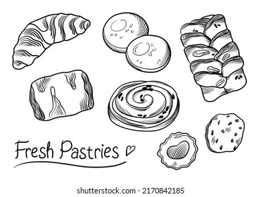 Fresh pastries, French rolls, maple pecans, croissants, muffins, cookies. Vector set with baking in sketch style, illustration for postcards, packaging, cafe.
