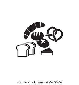 Fresh pastry bakery shop vector icons croissant, buns, pretzel, toast bread and a slice of cake isolated on white background