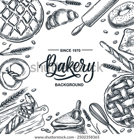 Fresh pastry and baking bread, croissant, bagel and bun. Vector hand drawn sketch illustration isolated on white background. Bakery menu, banner, poster design elements