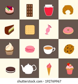 Fresh pastry and sweets set with tea cup and pot isolated vector illustration