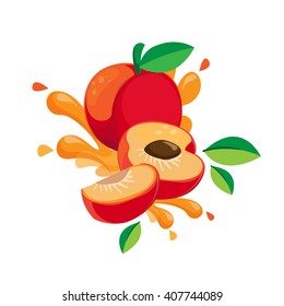 Fresh peach fruit with slices and leaves illustration