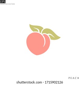 Fresh peach icon. Sweet fruit logo. Japanese white peach with leaves 