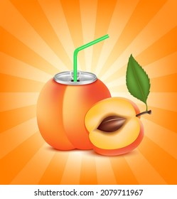 Fresh peach juice soft drink with lid aluminum can and drinking straw. Isolated on a orange background. Healthy fruit drink concept. Realistic 3D vector EPS10 illustration.