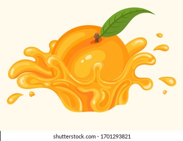 Fresh peach juice splash burst isolated on white background. Summer fruit juice. Cartoon style. Vector illustration for any design.