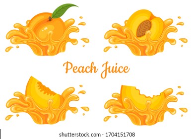 Fresh peach juice splash burst isolated on white background. Summer fruit juice. Cartoon style. Vector illustration for any design.
