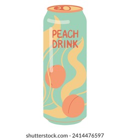 Fresh peach juice in a tin. Natural healthy fruit drink. Cooling summer beverage can. Flat style vector illustration on a white background.