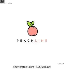 Fresh peach logo. Isolated fruit with leaves on white background. Japanese white peach