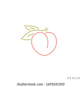 Fresh peach logo. Outline style. Japanese white peach with leaves 