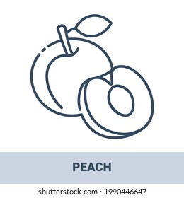 Fresh peach outline monochrome icon with title. Vector monochrome illustrations isolated on white background. Healthy food concept.