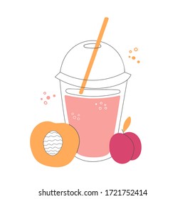 Fresh peach and plump smoothie. Plastic take away cup with a straw. Delicious summer drink on the go in doodle style. Whimsical food illustration. 