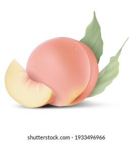 Fresh peach and a slice portion with leaves on white