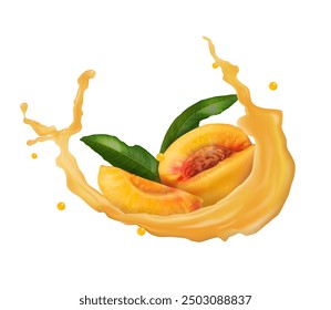 A fresh peach with a stream of peach juice. Vector illustration