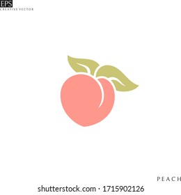 Fresh peach. Sweet fruit logo. Japanese white peach with leaves 