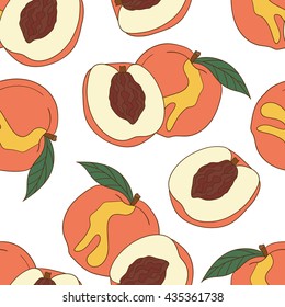 Fresh peaches hand drawn background. Doodle wallpaper vector. Colorful seamless pattern