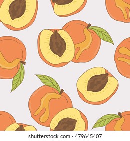 Fresh peaches hand drawn background. Doodle wallpaper vector. Colorful seamless pattern with fruits icon