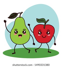 fresh pear and apple fruits kawaii characters