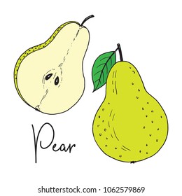 
Fresh pear fruit isolated image with text, hand drawn sketch on white background, organic healthy food doodle vector illustration, for packaging, kids book, children alphabet, product label.