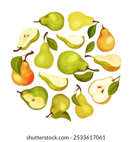 Projeto de composição redonda de fruta de pera fresca com modelo de vetor de colheita de jardim