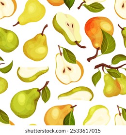 Fresh Pear Fruit Seamless Pattern Design with Garden Crop Vector Template