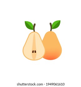 Fresh pear fruit. pear set of vector illustrations. Whole, cut in half. Logo or badge.