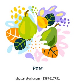 Fresh pear fruits juice splash organic food juicy pears splatter on abstract background vector hand drawn illustrations
