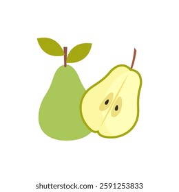 Fresh pear and pear half in flat style. vector illustration Isolated on white background