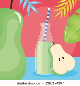 fresh pear half juice fruit in botttle with straw in leafs palms