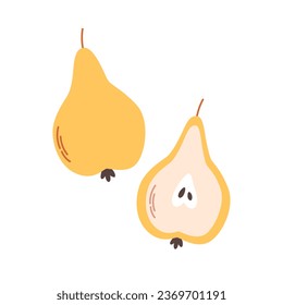 Fresh pear with half pear. Summer fruit. Healthy food. Vector illustration in flat style