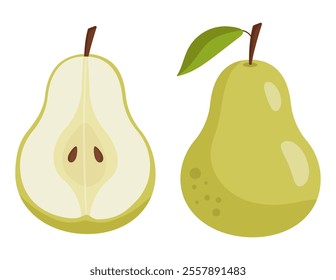 Fresh pear and pear half vector illustration in flat style. Isolated on white background