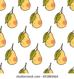 Fresh pear hand drawn vector seamless pattern. Kids background for fabric textile, design greeting cards, wrapping paper, poster, package, print. Vegan fruits market. Autumn harvest. Tropical style.