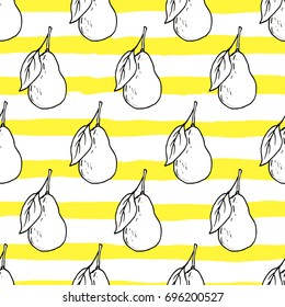 Fresh pear hand drawn vector seamless pattern. Kids background, yellow horizontal stripes for fabric textile, design greeting cards, wrapping paper. Vegan fruits market. Autumn harvest. Tropical style