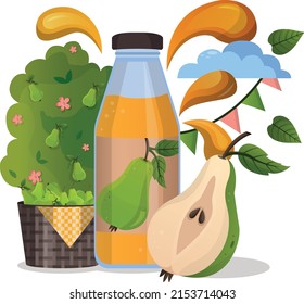 Fresh pear juice in glass bottle concept. Harvest festival poster design with pear. Invitation for crop fest. Green pear drop on juice splash and ripple