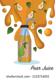 Fresh pear juice in glass bottle concept. Green pear drop on juice splash and ripple