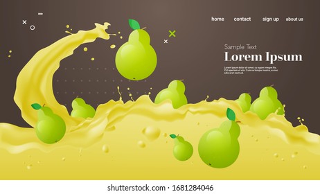 fresh pear juice liquid splash realistic splashes healthy fruits splashing waves horizontal copy space vector illustration