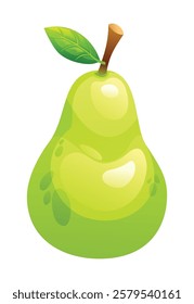 Fresh pear with leaf on top. Vector cartoon illustration