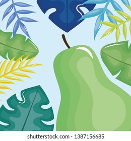 fresh pear with leafs palms frame