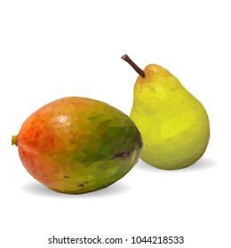 Fresh pear, nutritious and tasty mango. Symbols of fruits. Elements for label design. Vector illustration. Fruits ingredients in triangulation technique. Mango and pear low poly.