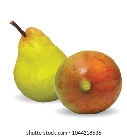 Fresh pear, nutritious and tasty mango. Symbols of fruits. Elements for label design. Vector illustration. Fruits ingredients in triangulation technique. Mango and pear low poly.