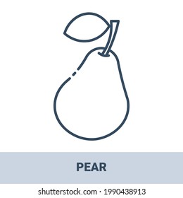 Fresh pear outline monochrome icon with title. Vector monochrome illustrations isolated on white background. Healthy food concept.
