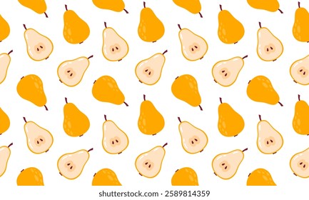 Fresh pear seamless pattern. Fruits and berries background design. Collection of organic vitamins and healthy nutrition. Flat Vector illustration