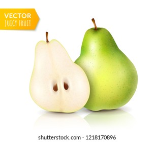 Fresh pear with slice. Juicy fruit isolated on white background. Realistic Vector Illustration