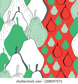 Fresh Pear-Fruit Delight seamless Repeat Pattern illustration .Background in Green Red Black and White.Delicate Pattern Background. Surface pattern Design, Perfect for Fabric, Scrapbook, wallpaper.