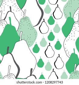 Fresh Pear-Fruit Delight seamless Repeat Pattern illustration .Background in Grren Black and White.Delicate Pattern Background. Surface pattern Design, Perfect for Fabric, Scrapbook, wallpaper.