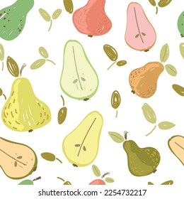 Fondo de pera fresca. Fondo superpuesto dibujado a mano. Vector de fondo de pantalla colorido. Patrón incomparable con colección de frutas. Ilustración decorativa, buena para imprimir. Cartel de diseño
